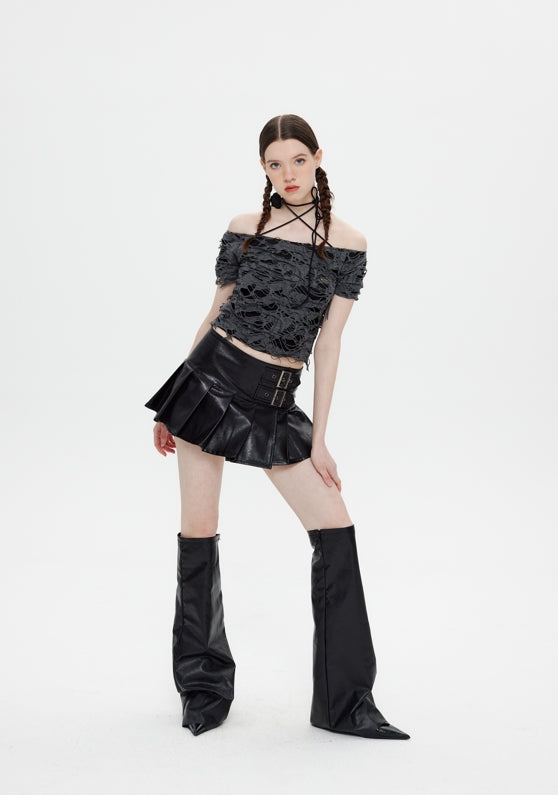 Maggie High-waisted Leather Pleated Skirt