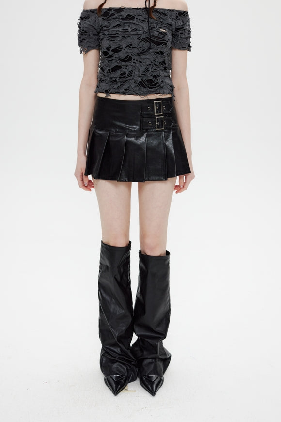 Maggie High-waisted Leather Pleated Skirt