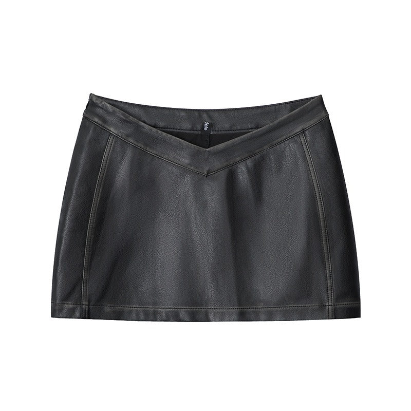 Mary V-shaped Low-rise Leather Skirt